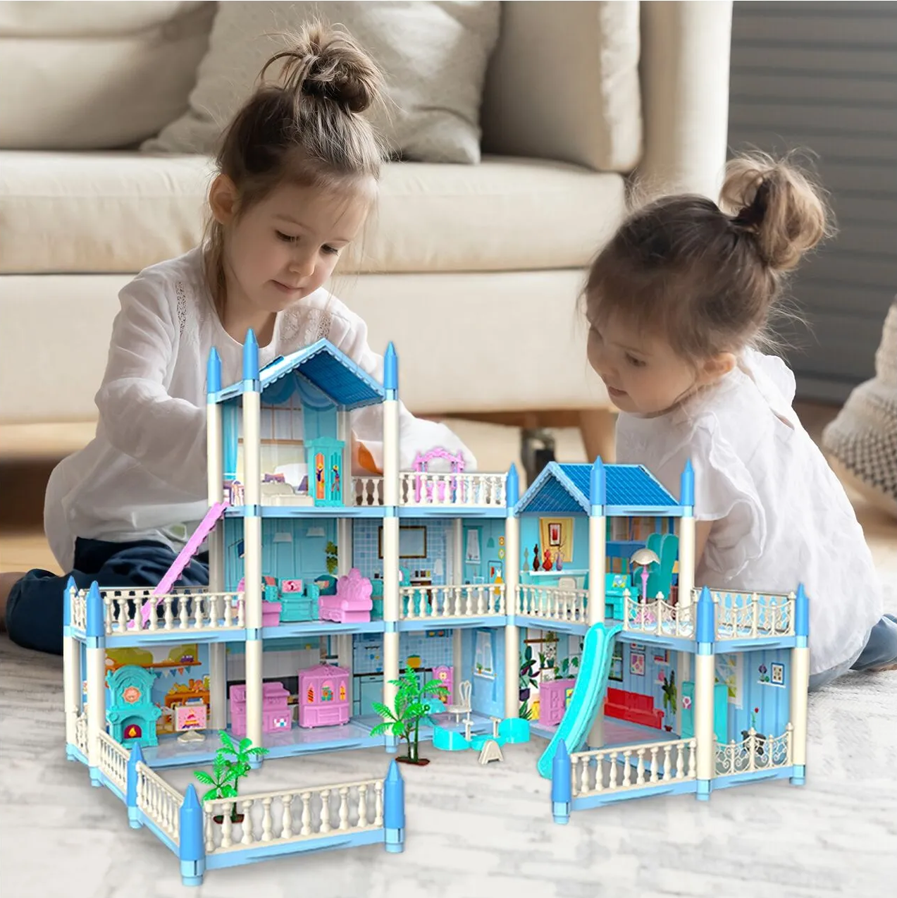 Casuta de Papusi Beautiful Home idealSTORE, Dimensiuni 52 x 41 x 48 cm, Constructie pe 3 Etaje, 6 Camere spatioase, Terasa, Loc de joaca, Include Tobogan, Mobilier si Electrocasnice, TV, 2 Catei, Copaci, Leagan, Fara Margini Ascutite, Design Minimalist