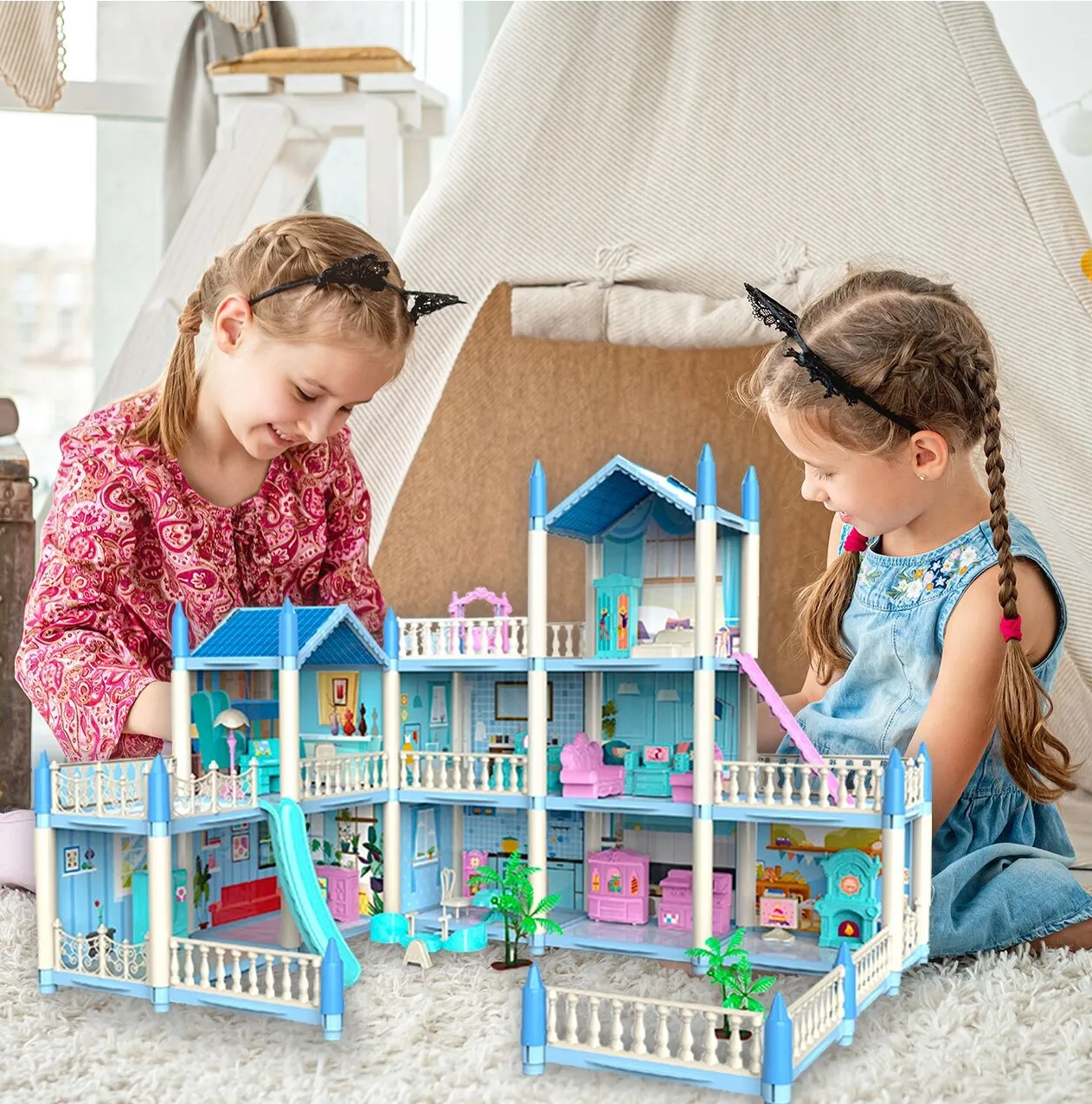 Casuta de Papusi Beautiful Home idealSTORE, Dimensiuni 52 x 41 x 48 cm, Constructie pe 3 Etaje, 6 Camere spatioase, Terasa, Loc de joaca, Include Tobogan, Mobilier si Electrocasnice, TV, 2 Catei, Copaci, Leagan, Fara Margini Ascutite, Design Minimalist