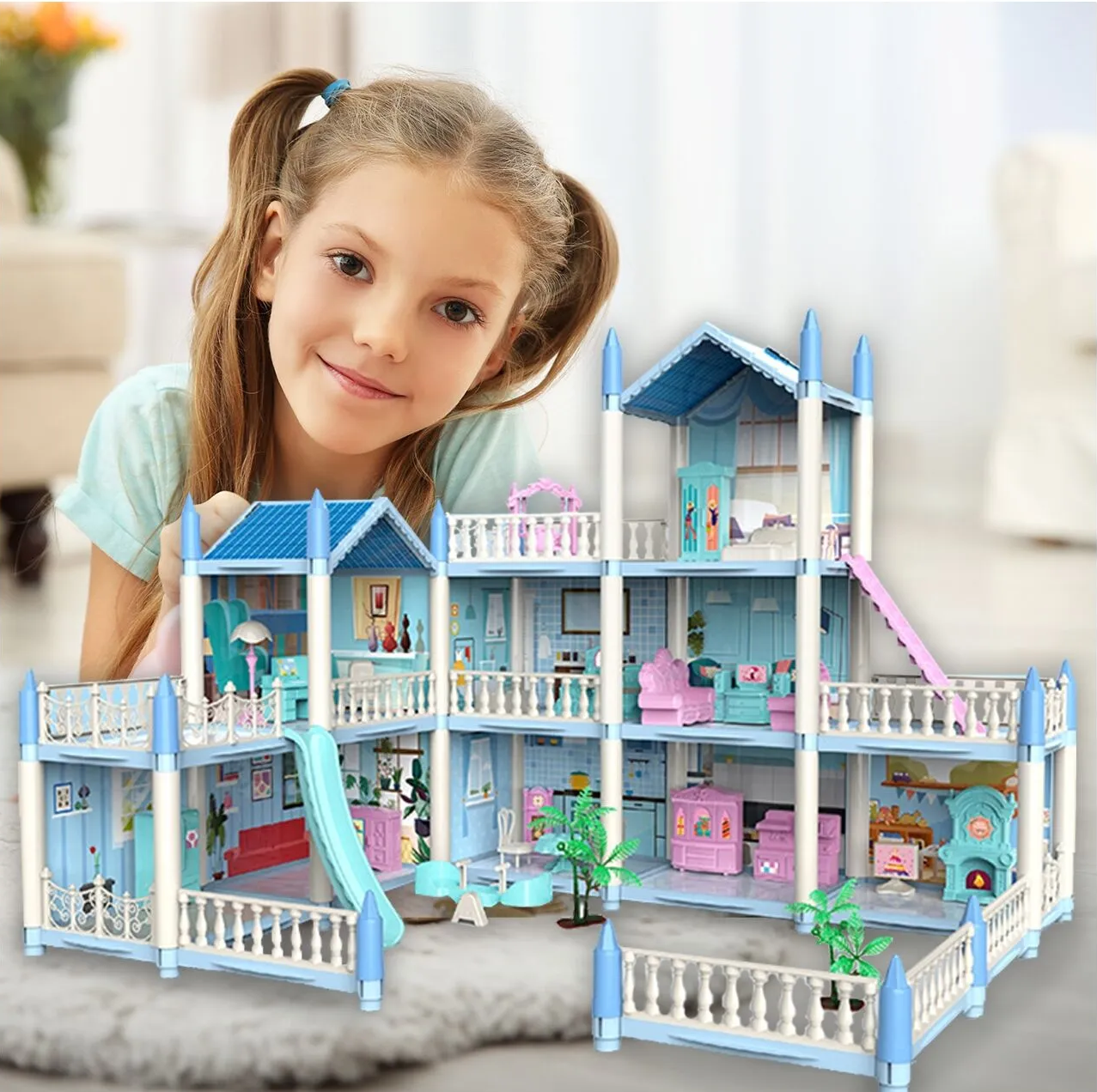 Casuta de Papusi Beautiful Home idealSTORE, Dimensiuni 52 x 41 x 48 cm, Constructie pe 3 Etaje, 6 Camere spatioase, Terasa, Loc de joaca, Include Tobogan, Mobilier si Electrocasnice, TV, 2 Catei, Copaci, Leagan, Fara Margini Ascutite, Design Minimalist