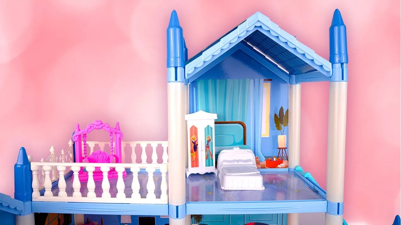 Casuta de Papusi Beautiful Home idealSTORE, Dimensiuni 52 x 41 x 48 cm, Constructie pe 3 Etaje, 6 Camere spatioase, Terasa, Loc de joaca, Include Tobogan, Mobilier si Electrocasnice, TV, 2 Catei, Copaci, Leagan, Fara Margini Ascutite, Design Minimalist