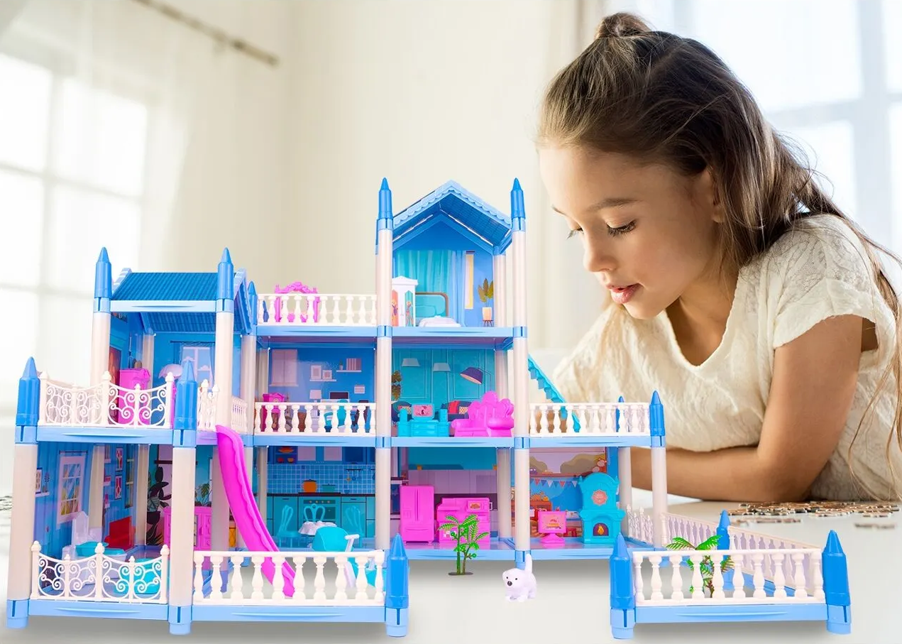 Casuta de Papusi Beautiful Home idealSTORE, Dimensiuni 52 x 41 x 48 cm, Constructie pe 3 Etaje, 6 Camere spatioase, Terasa, Loc de joaca, Include Tobogan, Mobilier si Electrocasnice, TV, 2 Catei, Copaci, Leagan, Fara Margini Ascutite, Design Minimalist