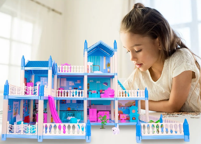 Casuta de Papusi Beautiful Home idealSTORE, Dimensiuni 52 x 41 x 48 cm, Constructie pe 3 Etaje, 6 Camere spatioase, Terasa, Loc de joaca, Include Tobogan, Mobilier si Electrocasnice, TV, 2 Catei, Copaci, Leagan, Fara Margini Ascutite, Design Minimalist