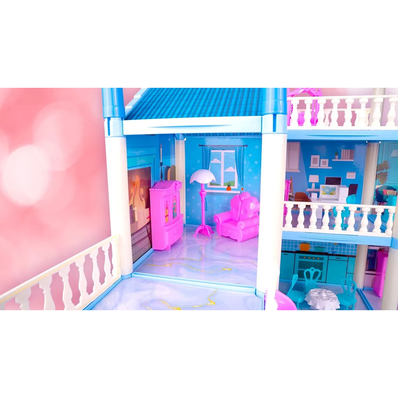 Casuta de Papusi Beautiful Home idealSTORE, Dimensiuni 52 x 41 x 48 cm, Constructie pe 3 Etaje, 6 Camere spatioase, Terasa, Loc de joaca, Include Tobogan, Mobilier si Electrocasnice, TV, 2 Catei, Copaci, Leagan, Fara Margini Ascutite, Design Minimalist