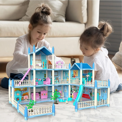 Casuta de Papusi Beautiful Home idealSTORE, Dimensiuni 52 x 41 x 48 cm, Constructie pe 3 Etaje, 6 Camere spatioase, Terasa, Loc de joaca, Include Tobogan, Mobilier si Electrocasnice, TV, 2 Catei, Copaci, Leagan, Fara Margini Ascutite, Design Minimalist