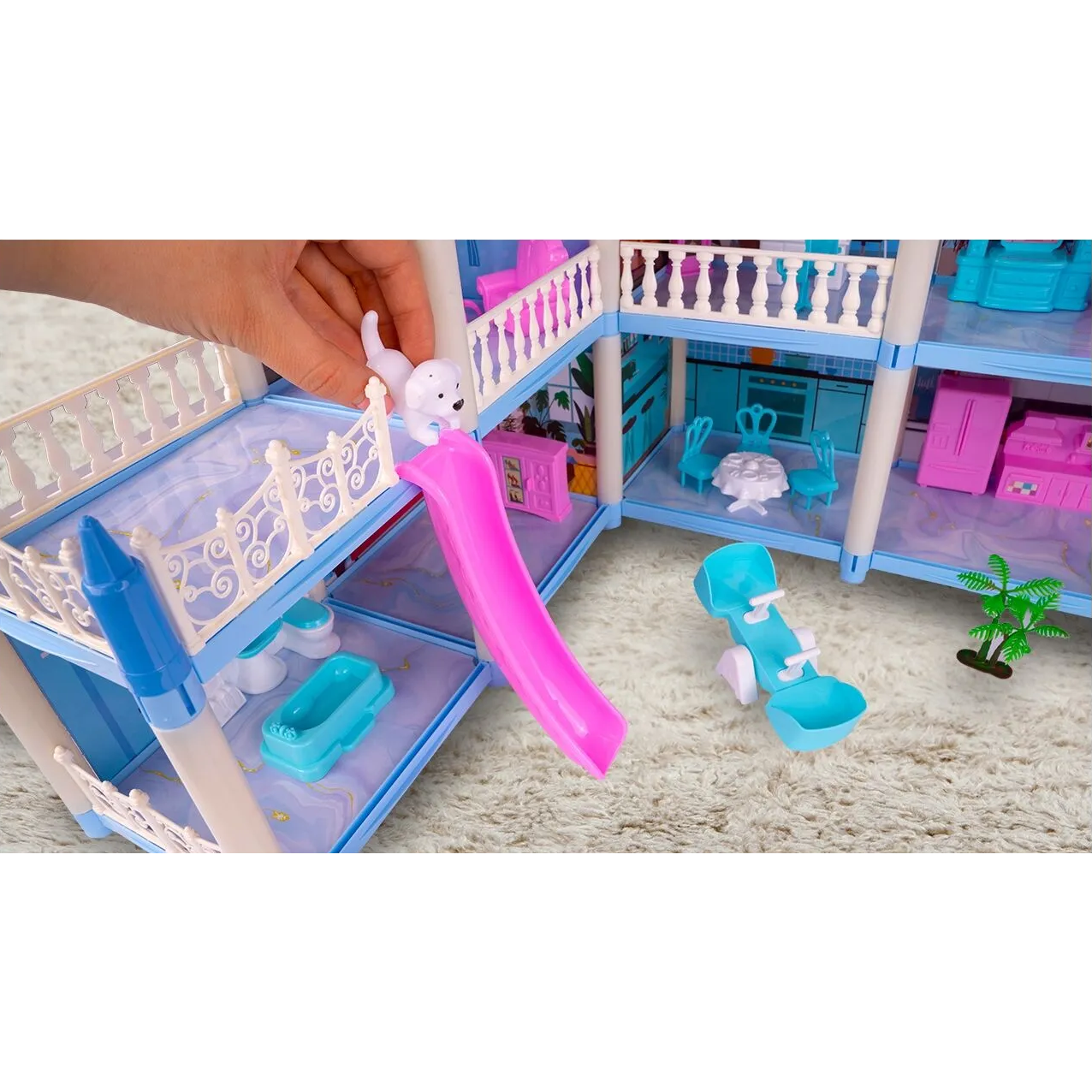 Casuta de Papusi Beautiful Home idealSTORE, Dimensiuni 52 x 41 x 48 cm, Constructie pe 3 Etaje, 6 Camere spatioase, Terasa, Loc de joaca, Include Tobogan, Mobilier si Electrocasnice, TV, 2 Catei, Copaci, Leagan, Fara Margini Ascutite, Design Minimalist