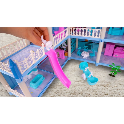 Casuta de Papusi Beautiful Home idealSTORE, Dimensiuni 52 x 41 x 48 cm, Constructie pe 3 Etaje, 6 Camere spatioase, Terasa, Loc de joaca, Include Tobogan, Mobilier si Electrocasnice, TV, 2 Catei, Copaci, Leagan, Fara Margini Ascutite, Design Minimalist