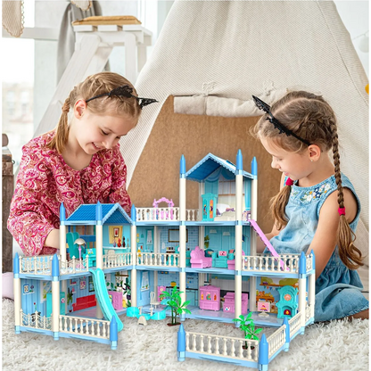 Casuta de Papusi Beautiful Home idealSTORE, Dimensiuni 52 x 41 x 48 cm, Constructie pe 3 Etaje, 6 Camere spatioase, Terasa, Loc de joaca, Include Tobogan, Mobilier si Electrocasnice, TV, 2 Catei, Copaci, Leagan, Fara Margini Ascutite, Design Minimalist