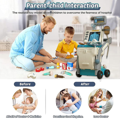 Set de Joaca Doctor Medical Cart idealSTORE, Include 15 piese Esentiale, Seringa, Cleste, Foarfeca, Termometru, Stetoscop, EKG, Proiectat sub forma unui birou mobil, Joc de Rol, Dezvolta Abilitati Sociale