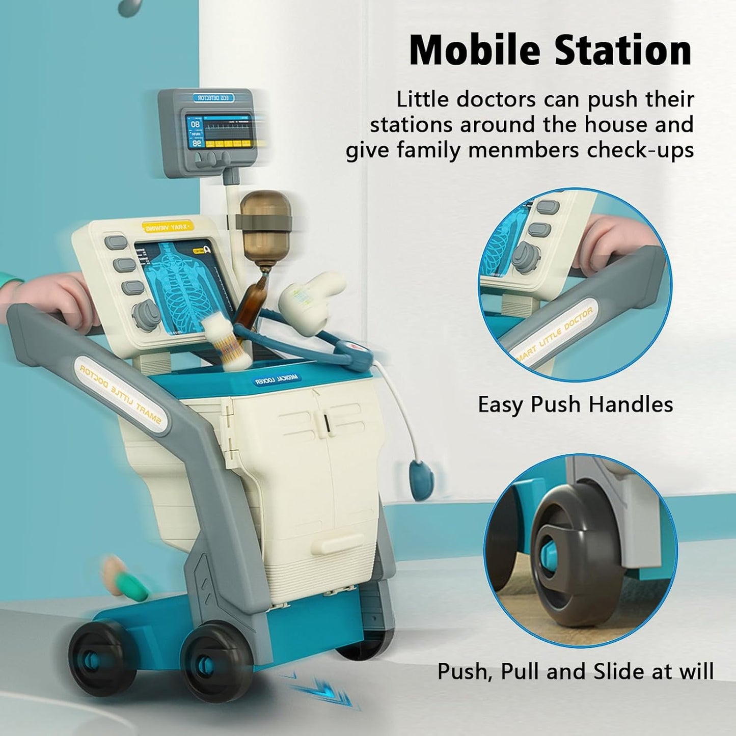 Set de Joaca Doctor Medical Cart idealSTORE, Include 15 piese Esentiale, Seringa, Cleste, Foarfeca, Termometru, Stetoscop, EKG, Proiectat sub forma unui birou mobil, Joc de Rol, Dezvolta Abilitati Sociale