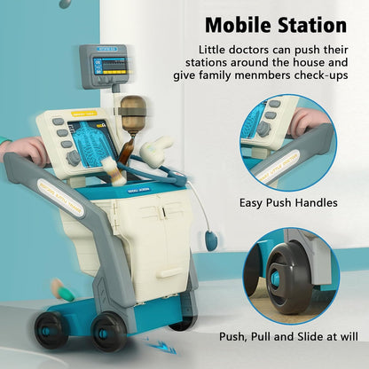 Set de Joaca Doctor Medical Cart idealSTORE, Include 15 piese Esentiale, Seringa, Cleste, Foarfeca, Termometru, Stetoscop, EKG, Proiectat sub forma unui birou mobil, Joc de Rol, Dezvolta Abilitati Sociale