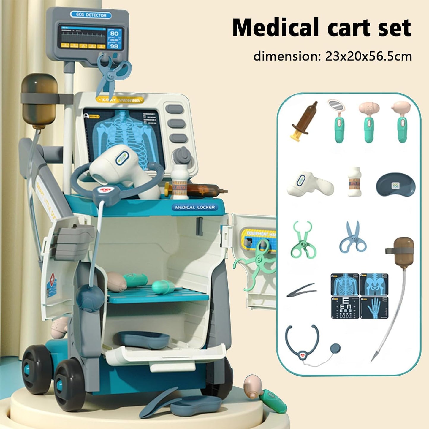 Set de Joaca Doctor Medical Cart idealSTORE, Include 15 piese Esentiale, Seringa, Cleste, Foarfeca, Termometru, Stetoscop, EKG, Proiectat sub forma unui birou mobil, Joc de Rol, Dezvolta Abilitati Sociale