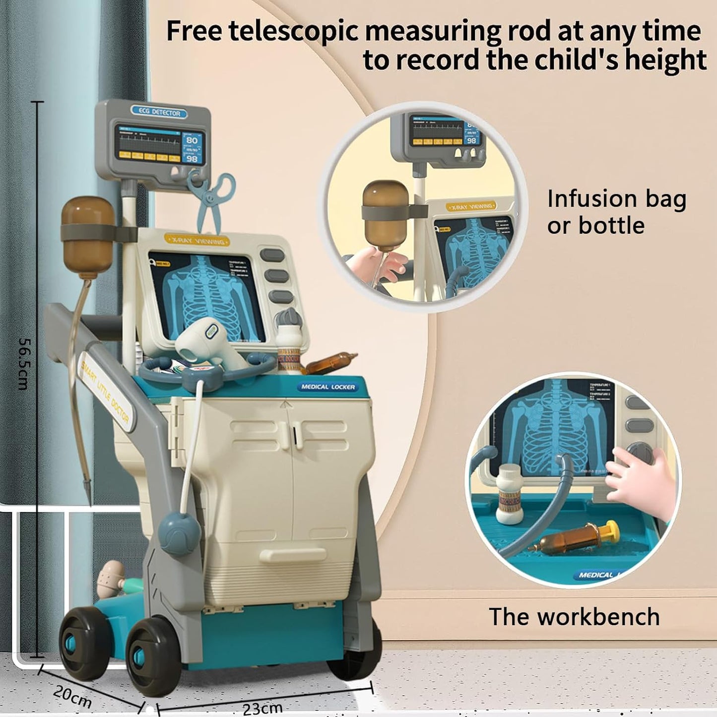 Set de Joaca Doctor Medical Cart idealSTORE, Include 15 piese Esentiale, Seringa, Cleste, Foarfeca, Termometru, Stetoscop, EKG, Proiectat sub forma unui birou mobil, Joc de Rol, Dezvolta Abilitati Sociale