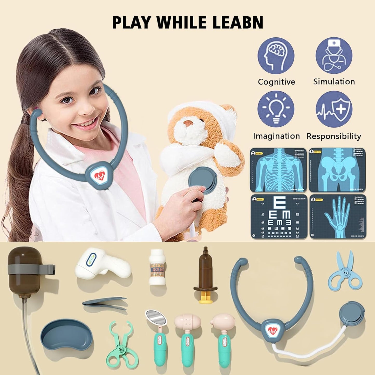 Set de Joaca Doctor Medical Cart idealSTORE, Include 15 piese Esentiale, Seringa, Cleste, Foarfeca, Termometru, Stetoscop, EKG, Proiectat sub forma unui birou mobil, Joc de Rol, Dezvolta Abilitati Sociale