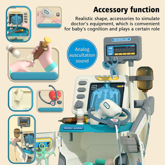 Set de Joaca Doctor Medical Cart idealSTORE, Include 15 piese Esentiale, Seringa, Cleste, Foarfeca, Termometru, Stetoscop, EKG, Proiectat sub forma unui birou mobil, Joc de Rol, Dezvolta Abilitati Sociale