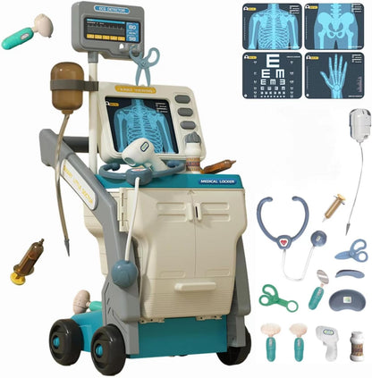Set de Joaca Doctor Medical Cart idealSTORE, Include 15 piese Esentiale, Seringa, Cleste, Foarfeca, Termometru, Stetoscop, EKG, Proiectat sub forma unui birou mobil, Joc de Rol, Dezvolta Abilitati Sociale