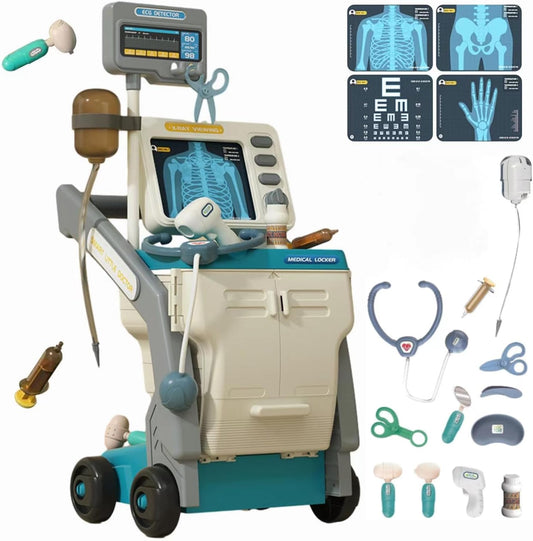 Set de Joaca Doctor Medical Cart idealSTORE, Include 15 piese Esentiale, Seringa, Cleste, Foarfeca, Termometru, Stetoscop, EKG, Proiectat sub forma unui birou mobil, Joc de Rol, Dezvolta Abilitati Sociale