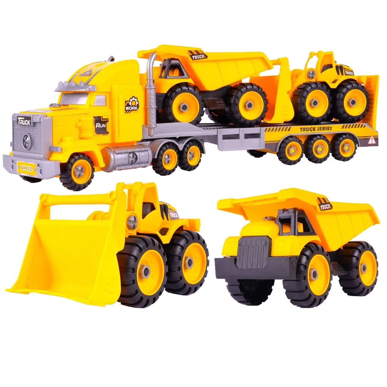 Camion cu Vehicule de Constructii Demontabile idealSTORE, Dimensiuni 54 x 16 x 12 cm, Include o Basculanta si un Buldozer, Surubelnita si Cheie, Rampa pentru coborarea vehiculelor, Plastic ABS, Calitate Superioara, Dezvolta Abilitatile de Studiu