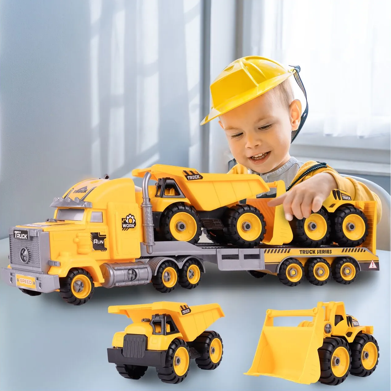 Camion cu Vehicule de Constructii Demontabile idealSTORE, Dimensiuni 54 x 16 x 12 cm, Include o Basculanta si un Buldozer, Surubelnita si Cheie, Rampa pentru coborarea vehiculelor, Plastic ABS, Calitate Superioara, Dezvolta Abilitatile de Studiu
