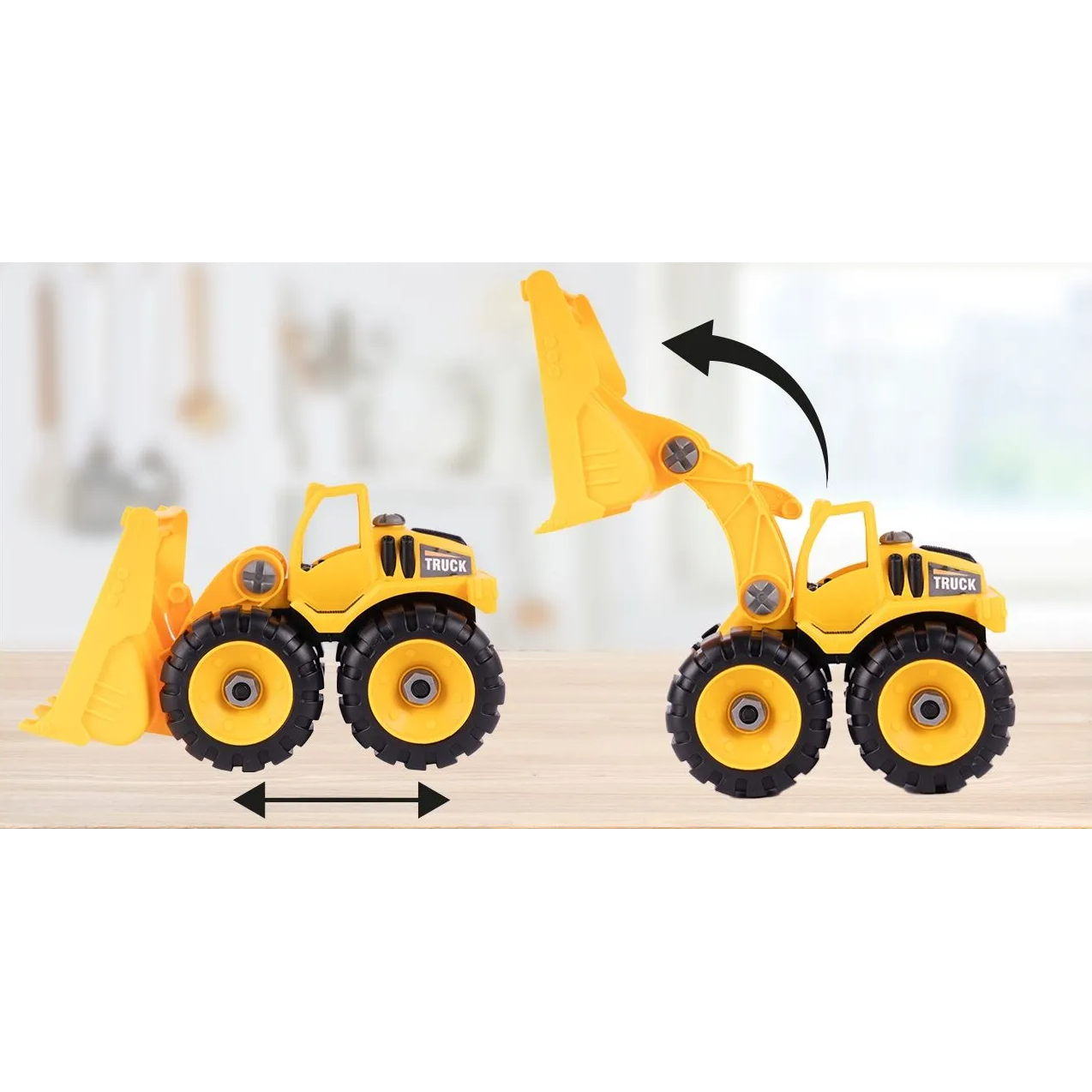 Camion cu Vehicule de Constructii Demontabile idealSTORE, Dimensiuni 54 x 16 x 12 cm, Include o Basculanta si un Buldozer, Surubelnita si Cheie, Rampa pentru coborarea vehiculelor, Plastic ABS, Calitate Superioara, Dezvolta Abilitatile de Studiu