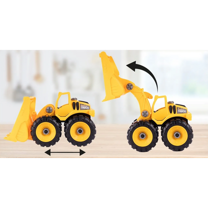 Camion cu Vehicule de Constructii Demontabile idealSTORE, Dimensiuni 54 x 16 x 12 cm, Include o Basculanta si un Buldozer, Surubelnita si Cheie, Rampa pentru coborarea vehiculelor, Plastic ABS, Calitate Superioara, Dezvolta Abilitatile de Studiu