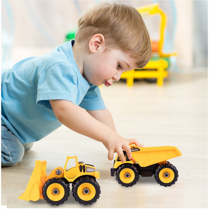 Camion cu Vehicule de Constructii Demontabile idealSTORE, Dimensiuni 54 x 16 x 12 cm, Include o Basculanta si un Buldozer, Surubelnita si Cheie, Rampa pentru coborarea vehiculelor, Plastic ABS, Calitate Superioara, Dezvolta Abilitatile de Studiu