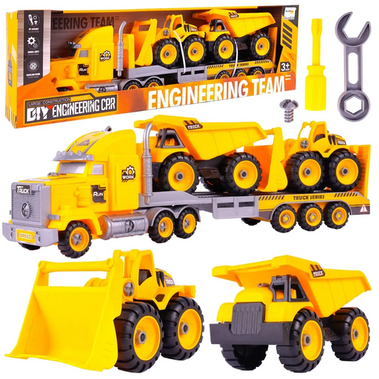Camion cu Vehicule de Constructii Demontabile idealSTORE, Dimensiuni 54 x 16 x 12 cm, Include o Basculanta si un Buldozer, Surubelnita si Cheie, Rampa pentru coborarea vehiculelor, Plastic ABS, Calitate Superioara, Dezvolta Abilitatile de Studiu