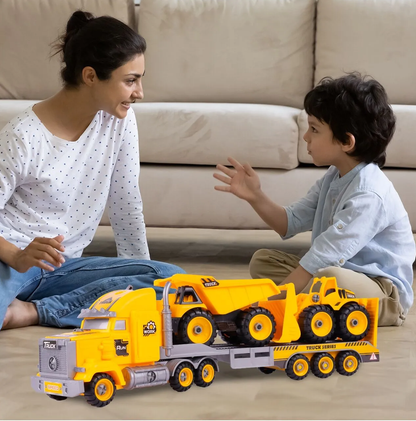 Camion cu Vehicule de Constructii Demontabile idealSTORE, Dimensiuni 54 x 16 x 12 cm, Include o Basculanta si un Buldozer, Surubelnita si Cheie, Rampa pentru coborarea vehiculelor, Plastic ABS, Calitate Superioara, Dezvolta Abilitatile de Studiu