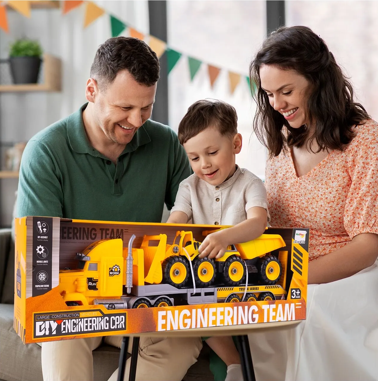 Camion cu Vehicule de Constructii Demontabile idealSTORE, Dimensiuni 54 x 16 x 12 cm, Include o Basculanta si un Buldozer, Surubelnita si Cheie, Rampa pentru coborarea vehiculelor, Plastic ABS, Calitate Superioara, Dezvolta Abilitatile de Studiu