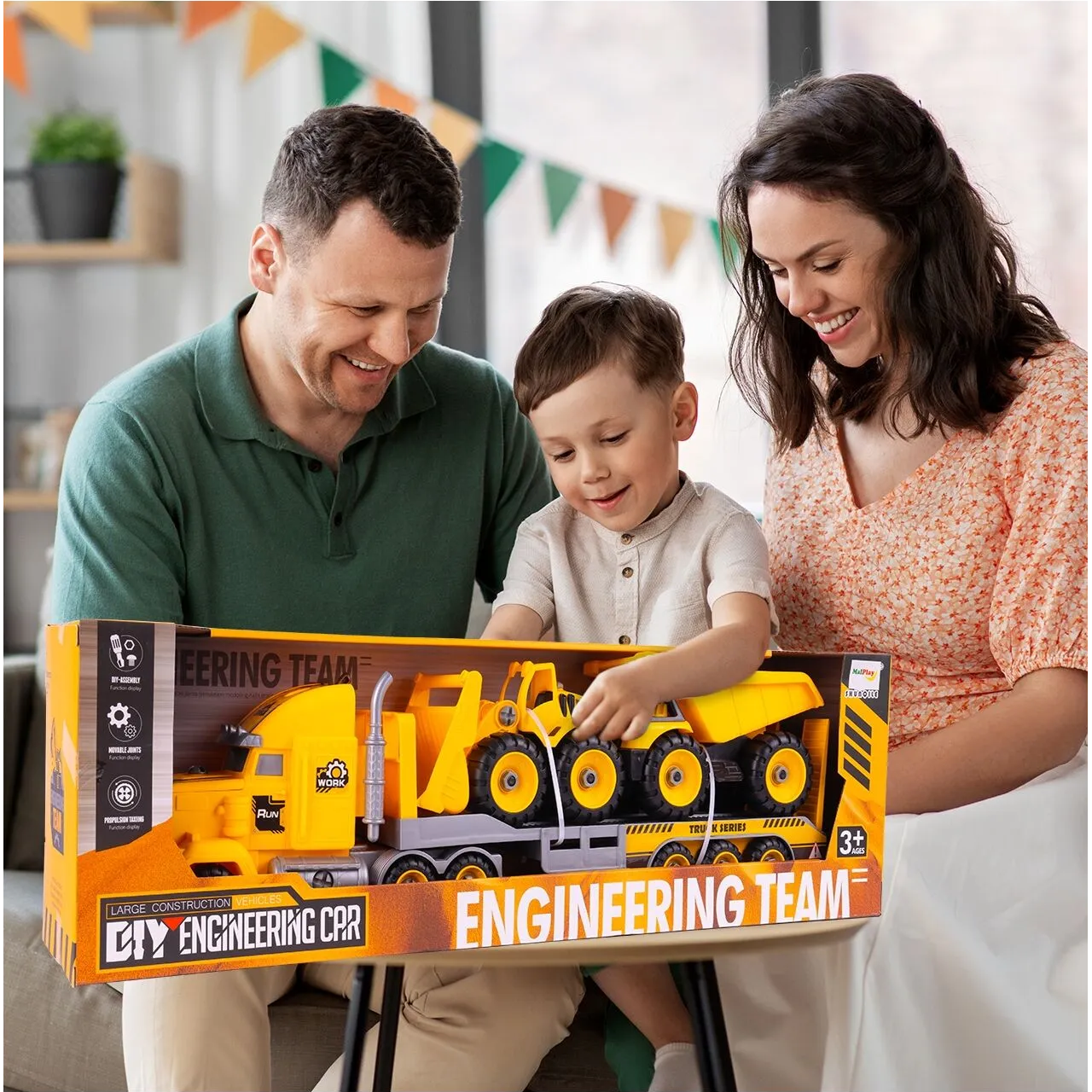 Camion cu Vehicule de Constructii Demontabile idealSTORE, Dimensiuni 54 x 16 x 12 cm, Include o Basculanta si un Buldozer, Surubelnita si Cheie, Rampa pentru coborarea vehiculelor, Plastic ABS, Calitate Superioara, Dezvolta Abilitatile de Studiu