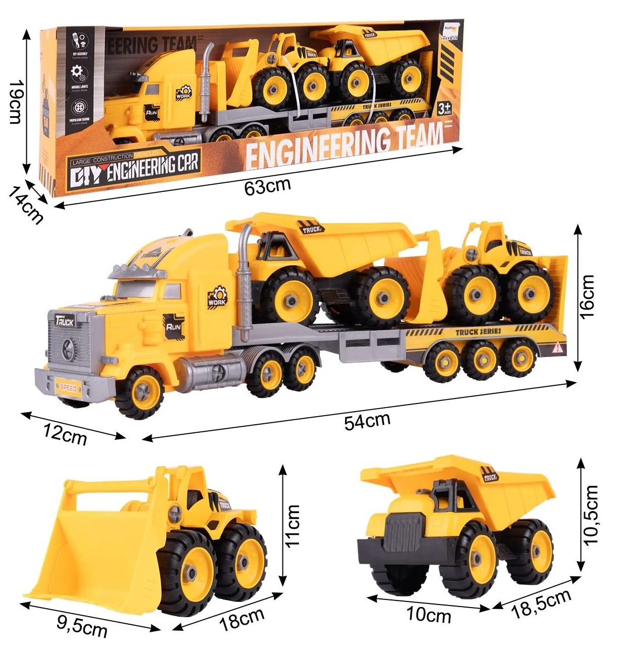 Camion cu Vehicule de Constructii Demontabile idealSTORE, Dimensiuni 54 x 16 x 12 cm, Include o Basculanta si un Buldozer, Surubelnita si Cheie, Rampa pentru coborarea vehiculelor, Plastic ABS, Calitate Superioara, Dezvolta Abilitatile de Studiu