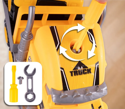 Camion cu Vehicule de Constructii Demontabile idealSTORE, Dimensiuni 54 x 16 x 12 cm, Include o Basculanta si un Buldozer, Surubelnita si Cheie, Rampa pentru coborarea vehiculelor, Plastic ABS, Calitate Superioara, Dezvolta Abilitatile de Studiu