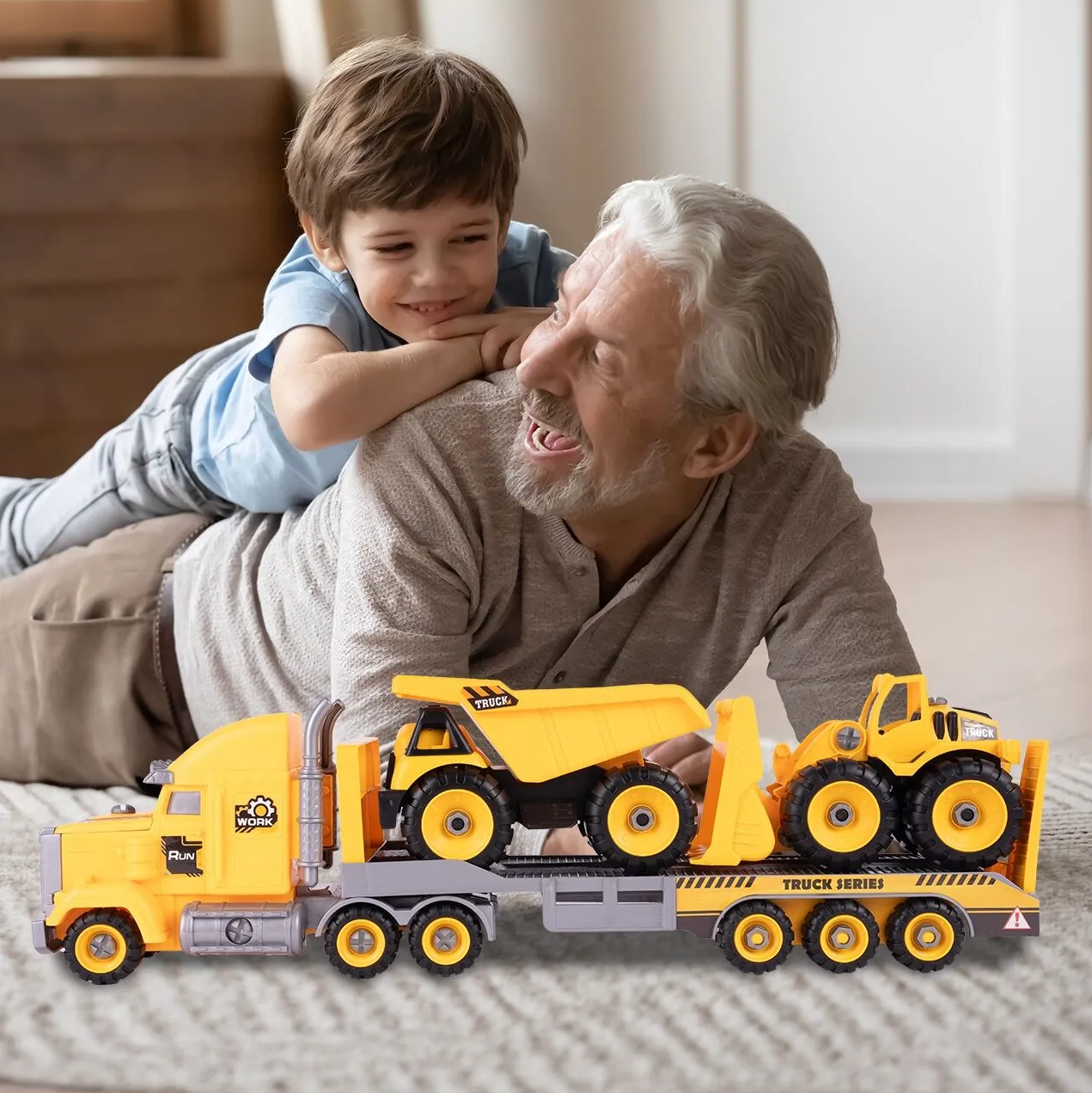 Camion cu Vehicule de Constructii Demontabile idealSTORE, Dimensiuni 54 x 16 x 12 cm, Include o Basculanta si un Buldozer, Surubelnita si Cheie, Rampa pentru coborarea vehiculelor, Plastic ABS, Calitate Superioara, Dezvolta Abilitatile de Studiu