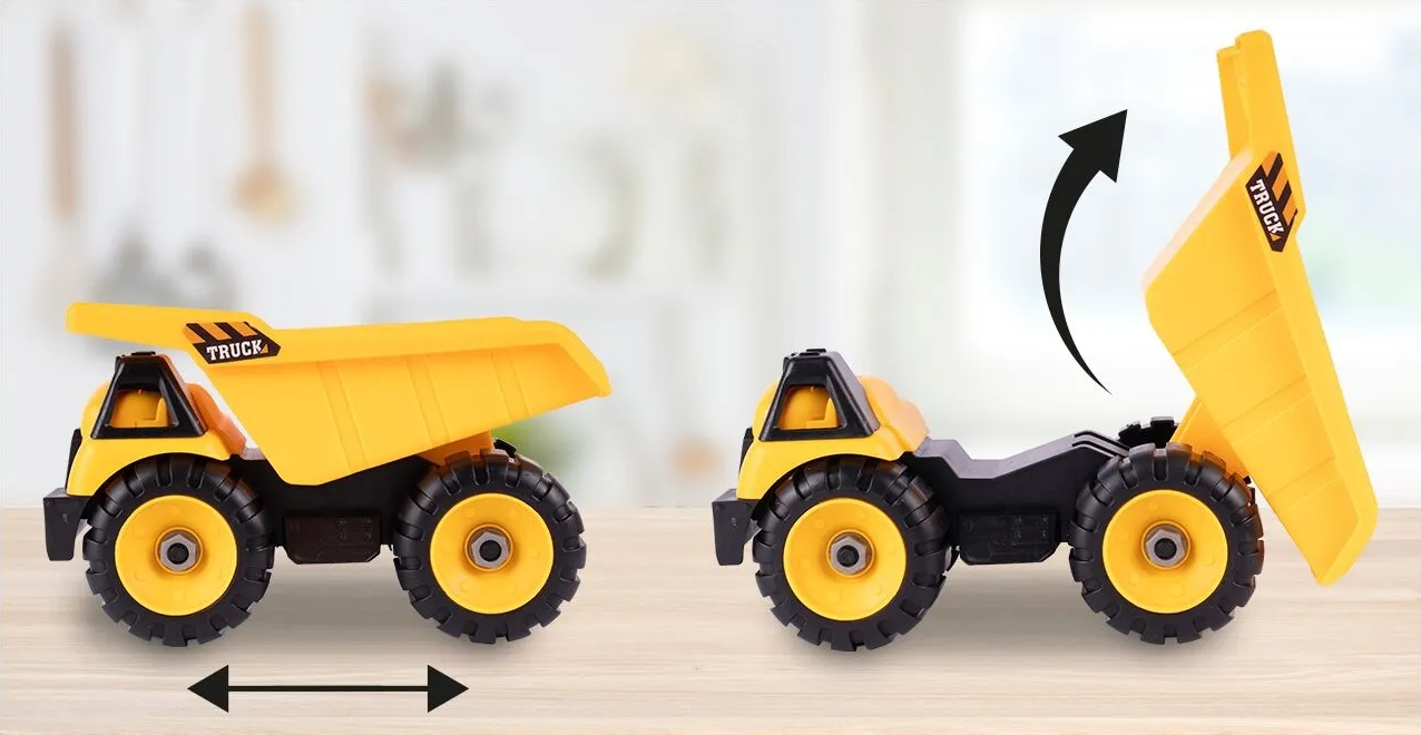 Camion cu Vehicule de Constructii Demontabile idealSTORE, Dimensiuni 54 x 16 x 12 cm, Include o Basculanta si un Buldozer, Surubelnita si Cheie, Rampa pentru coborarea vehiculelor, Plastic ABS, Calitate Superioara, Dezvolta Abilitatile de Studiu