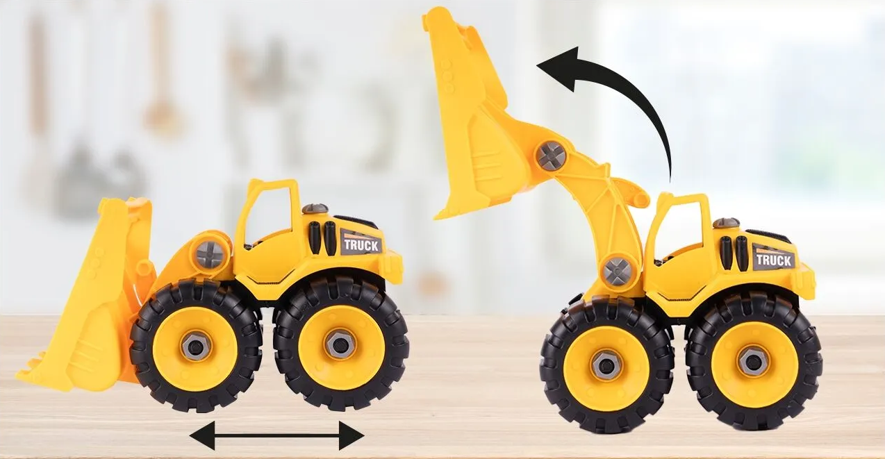 Camion cu Vehicule de Constructii Demontabile idealSTORE, Dimensiuni 54 x 16 x 12 cm, Include o Basculanta si un Buldozer, Surubelnita si Cheie, Rampa pentru coborarea vehiculelor, Plastic ABS, Calitate Superioara, Dezvolta Abilitatile de Studiu