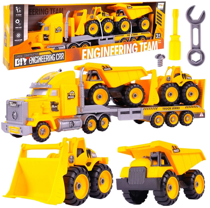 Camion cu Vehicule de Constructii Demontabile idealSTORE, Dimensiuni 54 x 16 x 12 cm, Include o Basculanta si un Buldozer, Surubelnita si Cheie, Rampa pentru coborarea vehiculelor, Plastic ABS, Calitate Superioara, Dezvolta Abilitatile de Studiu