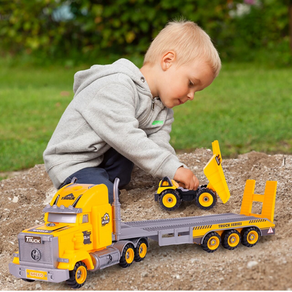 Camion cu Vehicule de Constructii Demontabile idealSTORE, Dimensiuni 54 x 16 x 12 cm, Include o Basculanta si un Buldozer, Surubelnita si Cheie, Rampa pentru coborarea vehiculelor, Plastic ABS, Calitate Superioara, Dezvolta Abilitatile de Studiu