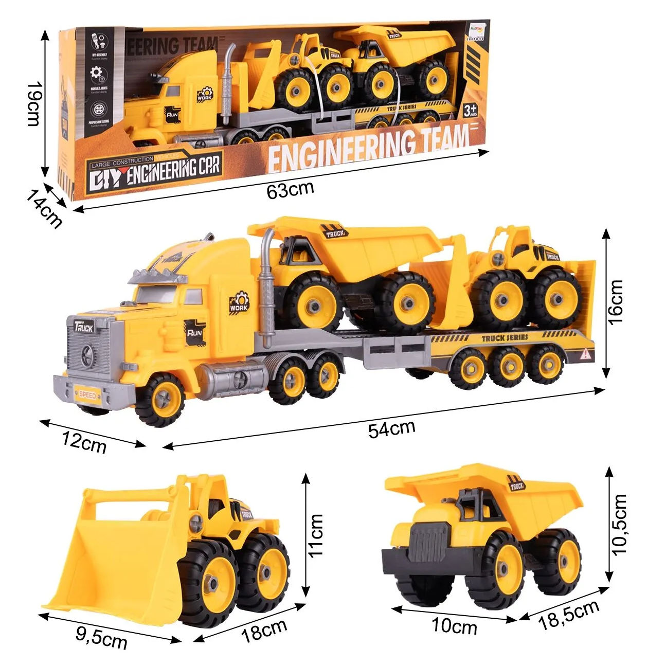 Camion cu Vehicule de Constructii Demontabile idealSTORE, Dimensiuni 54 x 16 x 12 cm, Include o Basculanta si un Buldozer, Surubelnita si Cheie, Rampa pentru coborarea vehiculelor, Plastic ABS, Calitate Superioara, Dezvolta Abilitatile de Studiu