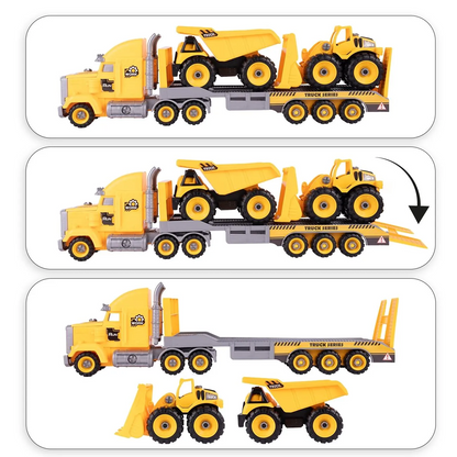 Camion cu Vehicule de Constructii Demontabile idealSTORE, Dimensiuni 54 x 16 x 12 cm, Include o Basculanta si un Buldozer, Surubelnita si Cheie, Rampa pentru coborarea vehiculelor, Plastic ABS, Calitate Superioara, Dezvolta Abilitatile de Studiu