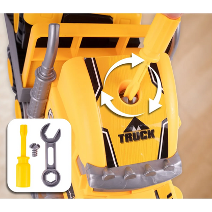 Camion cu Vehicule de Constructii Demontabile idealSTORE, Dimensiuni 54 x 16 x 12 cm, Include o Basculanta si un Buldozer, Surubelnita si Cheie, Rampa pentru coborarea vehiculelor, Plastic ABS, Calitate Superioara, Dezvolta Abilitatile de Studiu