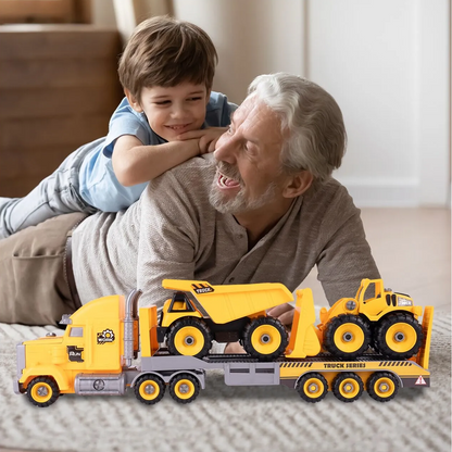 Camion cu Vehicule de Constructii Demontabile idealSTORE, Dimensiuni 54 x 16 x 12 cm, Include o Basculanta si un Buldozer, Surubelnita si Cheie, Rampa pentru coborarea vehiculelor, Plastic ABS, Calitate Superioara, Dezvolta Abilitatile de Studiu