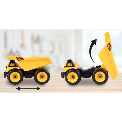 Camion cu Vehicule de Constructii Demontabile idealSTORE, Dimensiuni 54 x 16 x 12 cm, Include o Basculanta si un Buldozer, Surubelnita si Cheie, Rampa pentru coborarea vehiculelor, Plastic ABS, Calitate Superioara, Dezvolta Abilitatile de Studiu