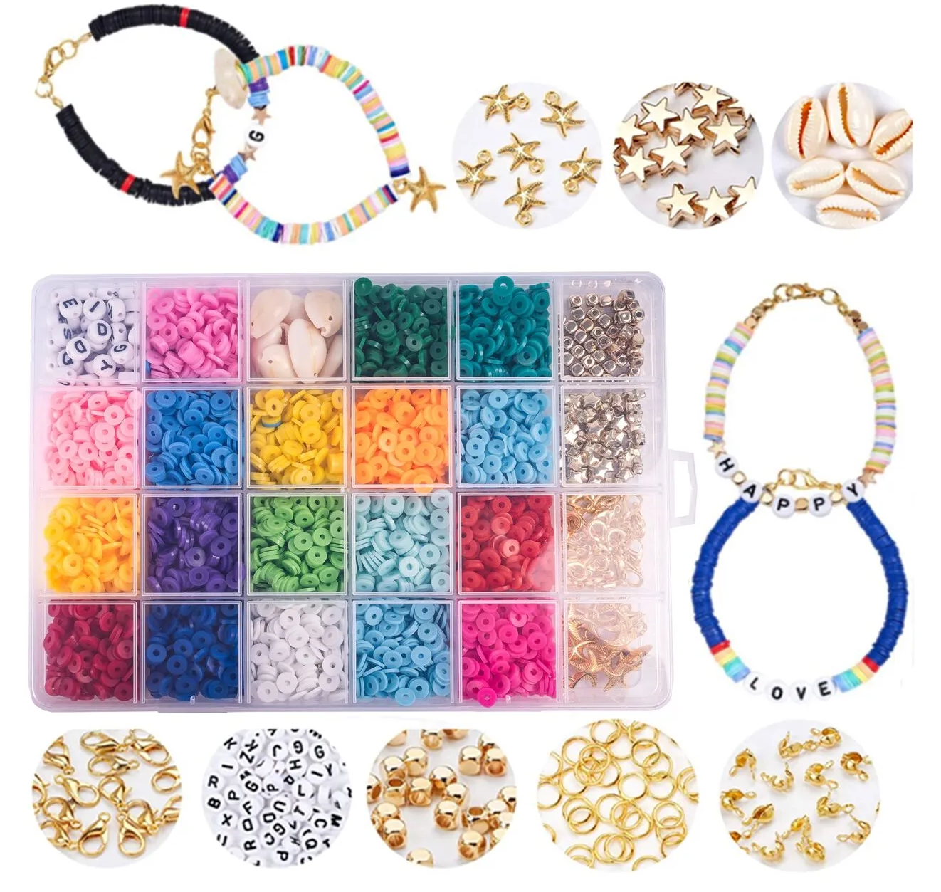 Set de Margele idealSTORE Jewelry Series, Include 4200 de Margele colorate in diferite forme si elemente auxiliare, Sfoara transparenta, Litere si elemente aurii, Carlige si Cleme, Cutie pentru depozitare, Stimuleaza Imaginatia Copilului