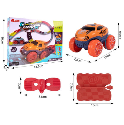 Pista cu Masinuta CarTrack idealSTORE, Pista Flexibila, Multiple Configuratii, Structura Stabila, Caroserie inlocuibila, Masinuta cu Lumini fata-spate, Pista in Patru Culori, 195 elemente