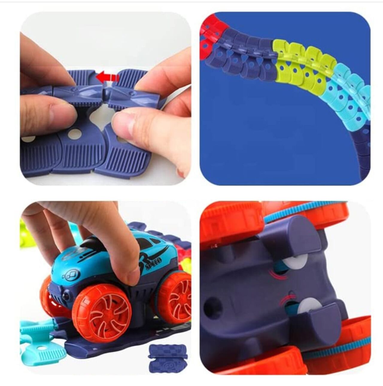 Pista cu Masinuta CarTrack idealSTORE, Pista Flexibila, Multiple Configuratii, Structura Stabila, Caroserie inlocuibila, Masinuta cu Lumini fata-spate, Pista in Patru Culori, 195 elemente