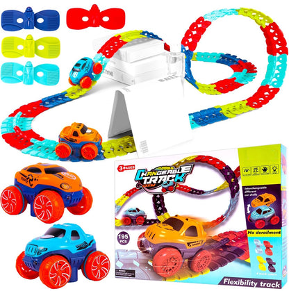 Pista cu Masinuta CarTrack idealSTORE, Pista Flexibila, Multiple Configuratii, Structura Stabila, Caroserie inlocuibila, Masinuta cu Lumini fata-spate, Pista in Patru Culori, 195 elemente