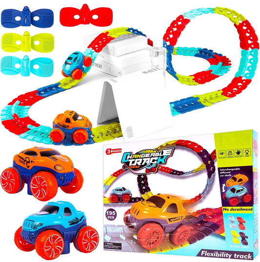 Pista cu Masinuta CarTrack idealSTORE, Pista Flexibila, Multiple Configuratii, Structura Stabila, Caroserie inlocuibila, Masinuta cu Lumini fata-spate, Pista in Patru Culori, 195 elemente