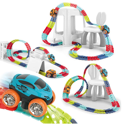 Pista cu Masinuta CarTrack idealSTORE, Pista Flexibila, Multiple Configuratii, Structura Stabila, Caroserie inlocuibila, Masinuta cu Lumini fata-spate, Pista in Patru Culori, 195 elemente