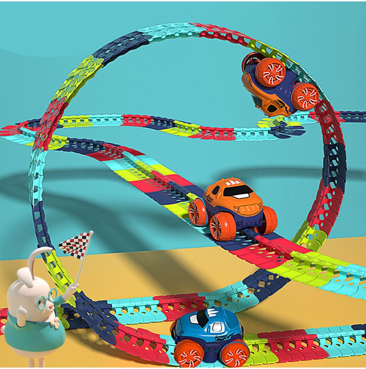 Pista cu Masinuta CarTrack idealSTORE, Pista Flexibila, Multiple Configuratii, Structura Stabila, Caroserie inlocuibila, Masinuta cu Lumini fata-spate, Pista in Patru Culori, 195 elemente