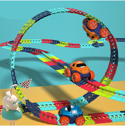 Pista cu Masinuta CarTrack idealSTORE, Pista Flexibila, Multiple Configuratii, Structura Stabila, Caroserie inlocuibila, Masinuta cu Lumini fata-spate, Pista in Patru Culori, 195 elemente