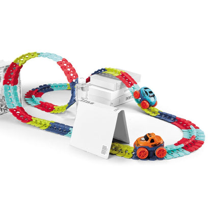 Pista cu Masinuta CarTrack idealSTORE, Pista Flexibila, Multiple Configuratii, Structura Stabila, Caroserie inlocuibila, Masinuta cu Lumini fata-spate, Pista in Patru Culori, 195 elemente